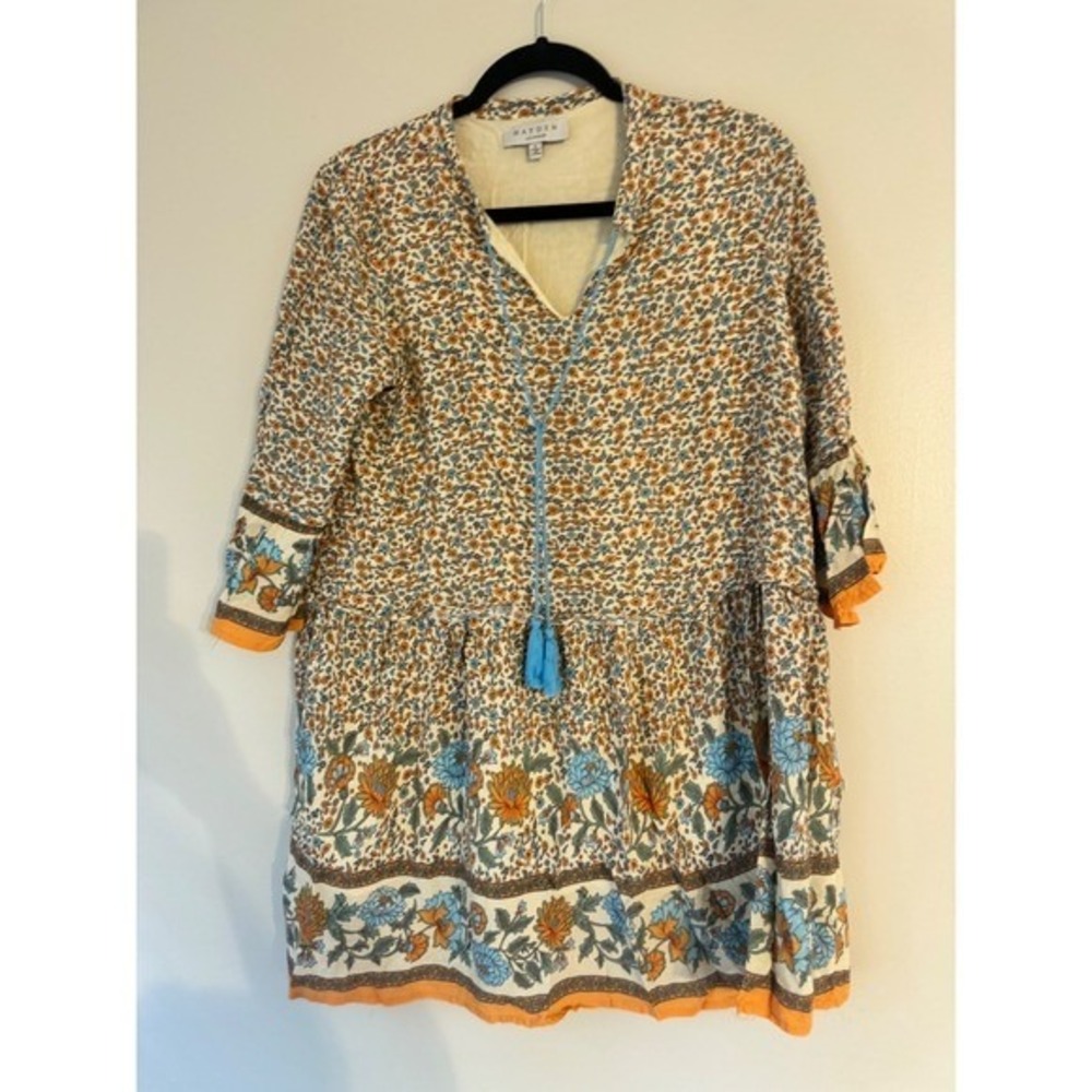 Hayden Los Angeles Floral Print Tassel Tie Mini Dress Boho Bohemian Size Small